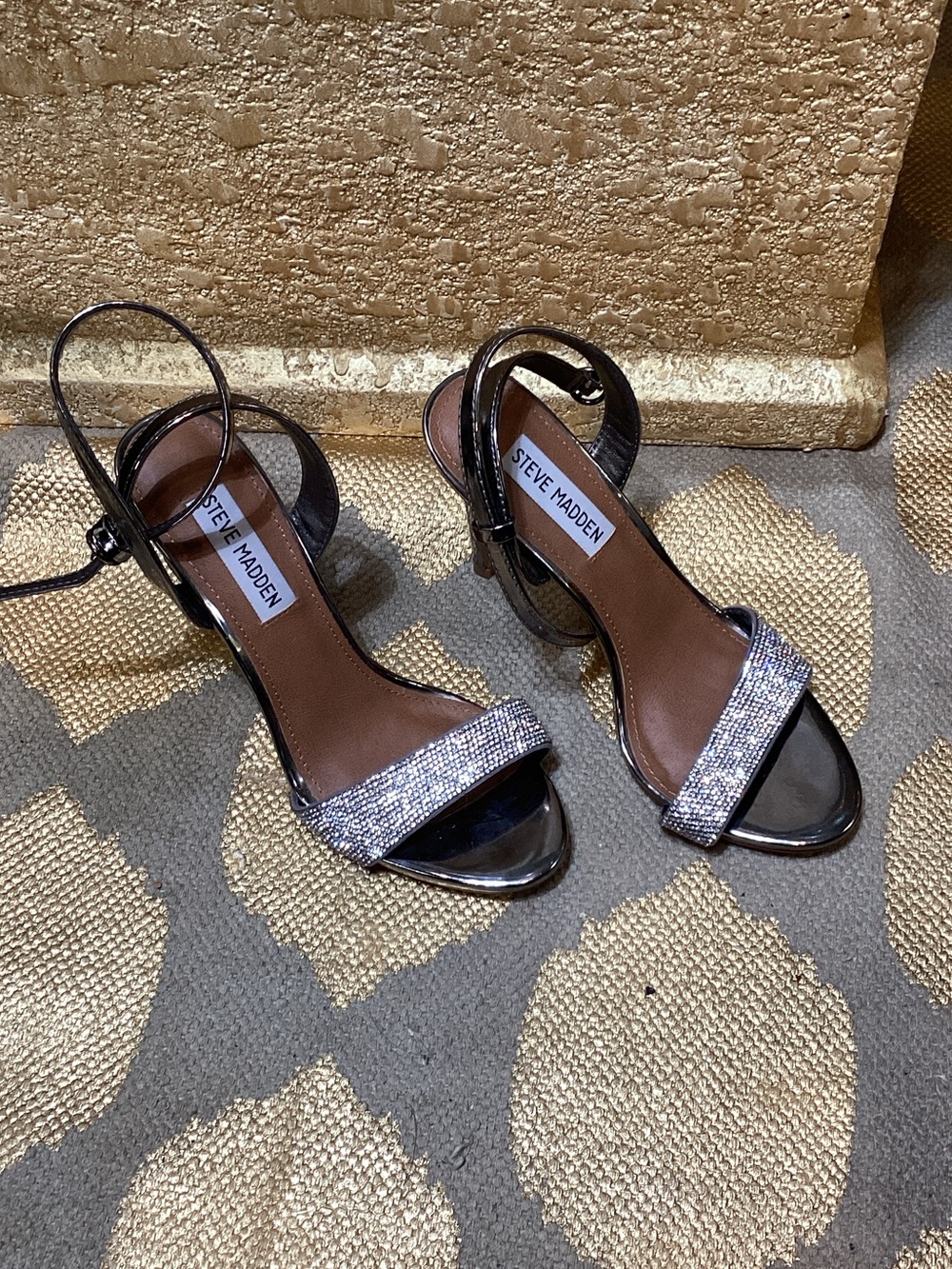 Steve Madden Black Heeled Sandals with Silver Rhinestone Strap